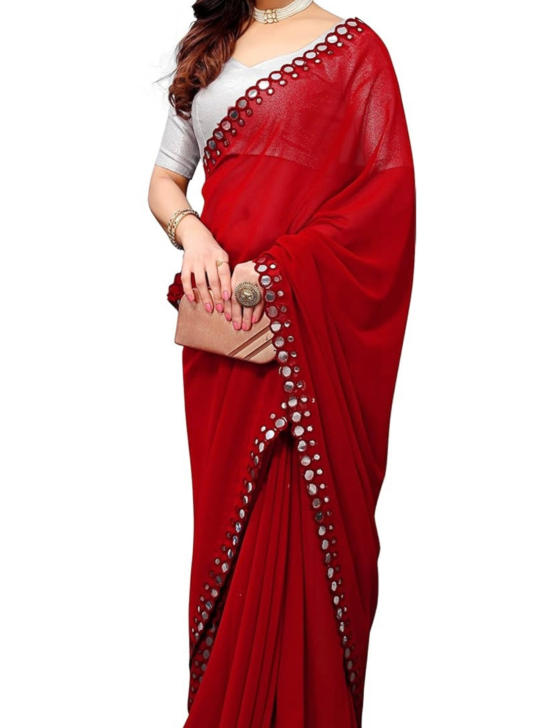 Red Georgette Mirror Work Saree