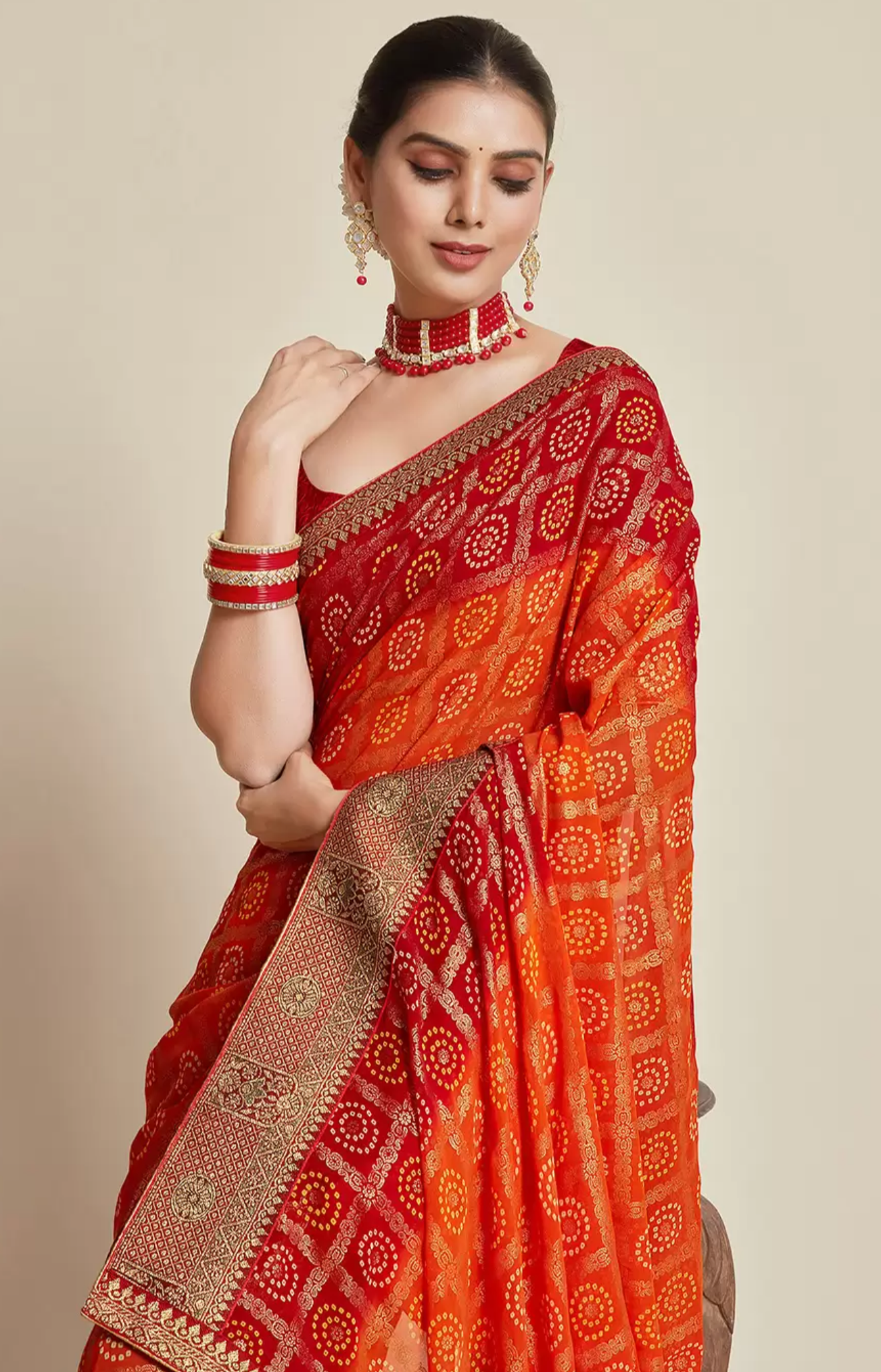 Red-Orange Bandhani Banarasi Silk