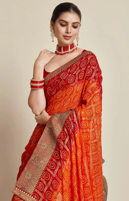 Red-Orange Bandhani Banarasi Silk