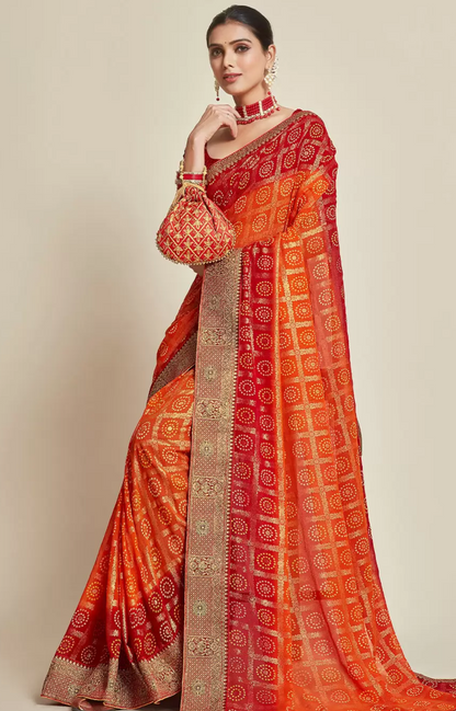 Red-Orange Bandhani Banarasi Silk