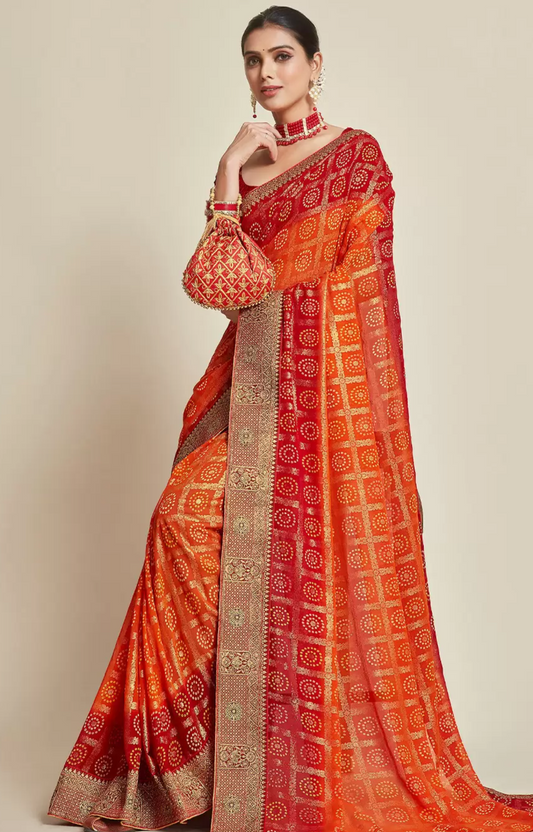 Red-Orange Bandhani Banarasi Silk