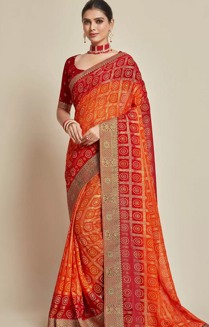Red-Orange Bandhani Banarasi Silk
