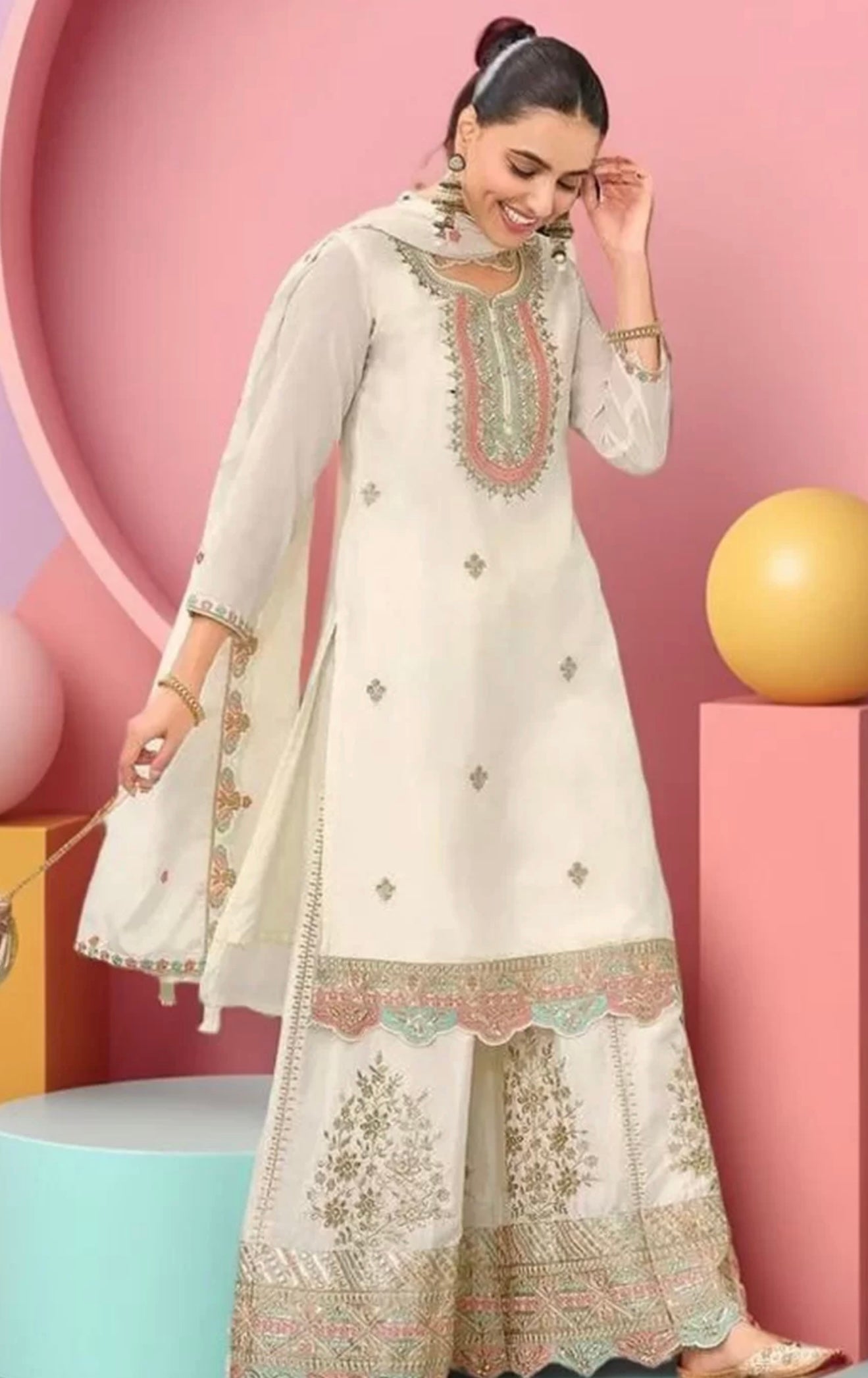Off-White Embroidered Sharara Suit