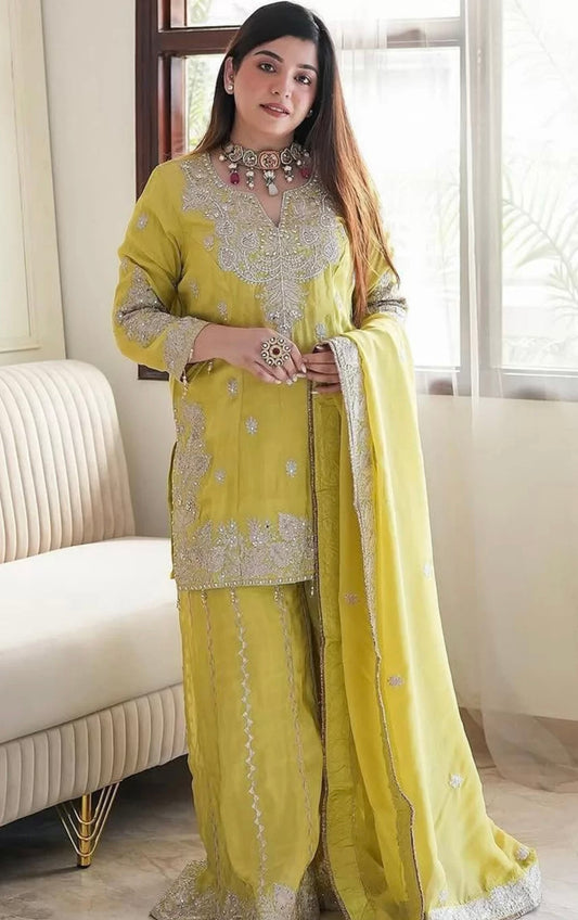 Lime Yellow Embroidered Sharara Suit