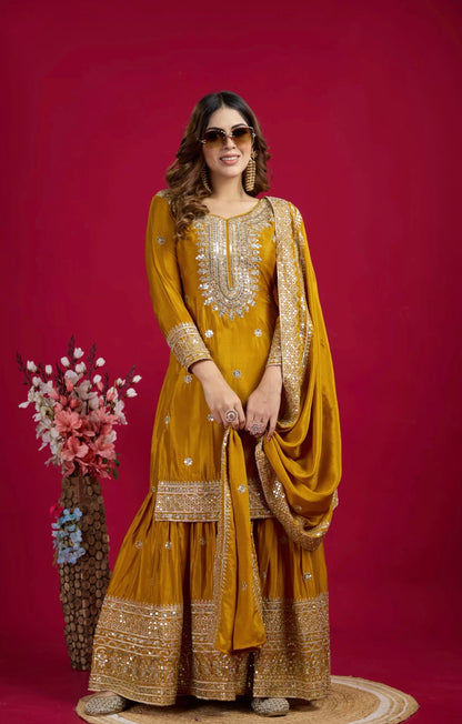 Mustard Golden Embroidered Sharara Suit