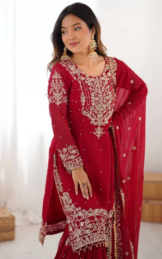 Deep Red Embroidered Sharara Suit