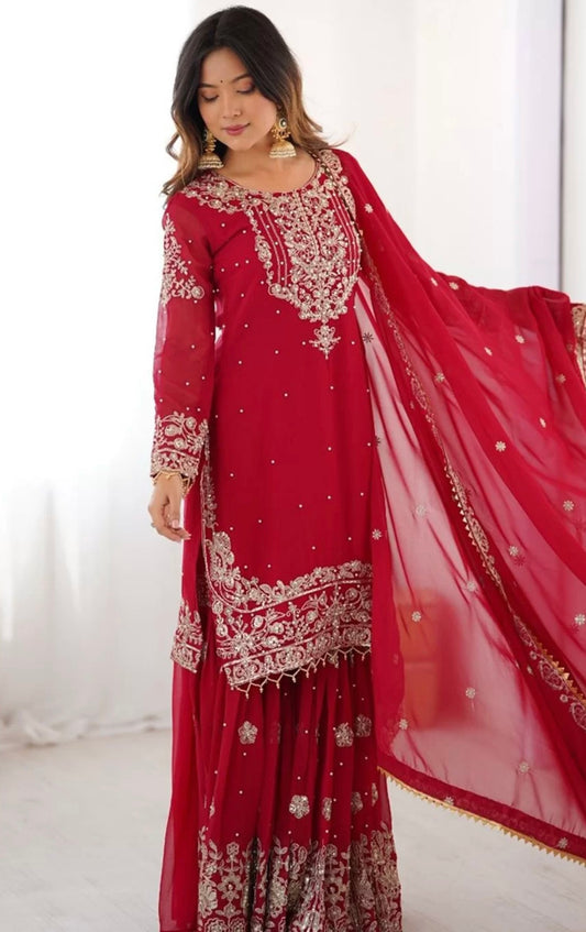 Deep Red Embroidered Sharara Suit