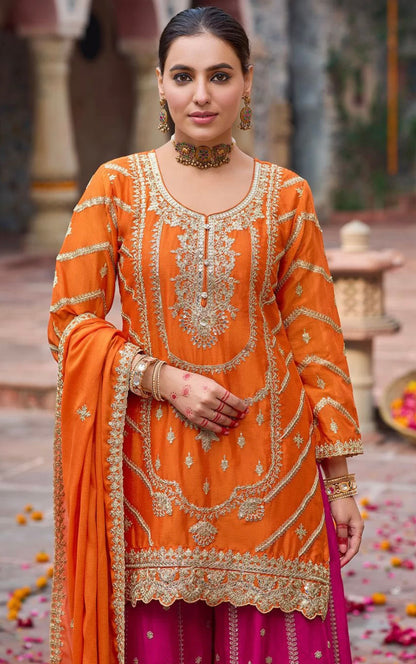 Orange & Pink Embroidered Sharara Suit