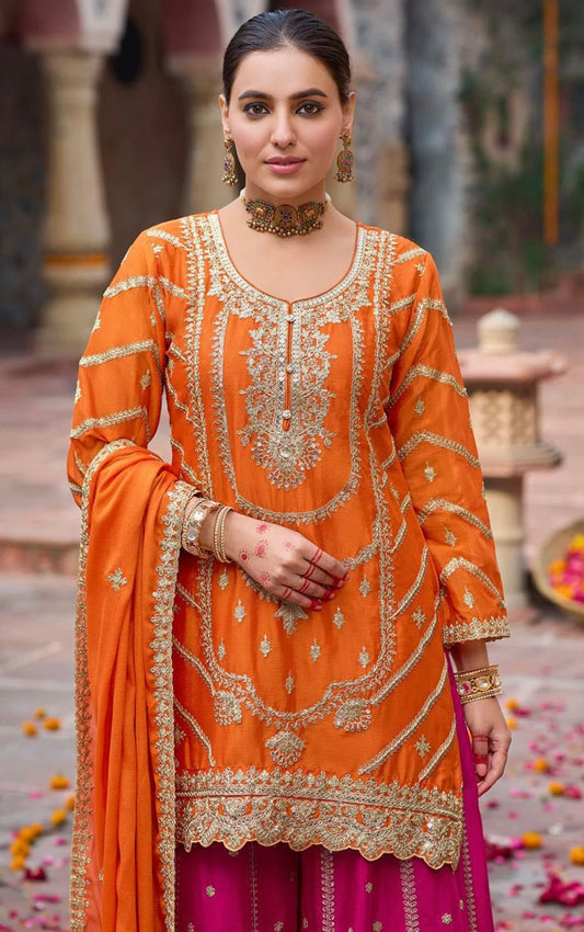 Orange & Pink Embroidered Sharara Suit