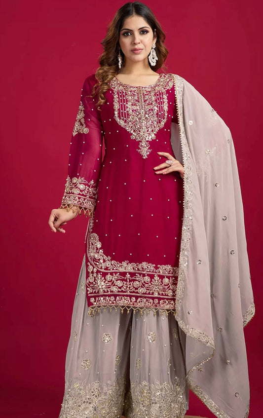 Maroon & Beige Embroidered Sharara Suit