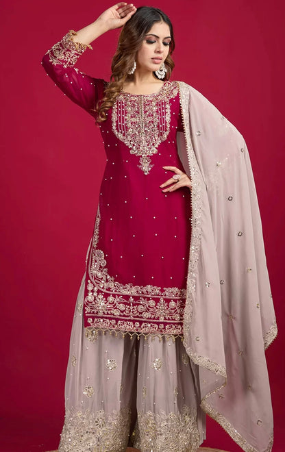 Maroon & Beige Embroidered Sharara Suit