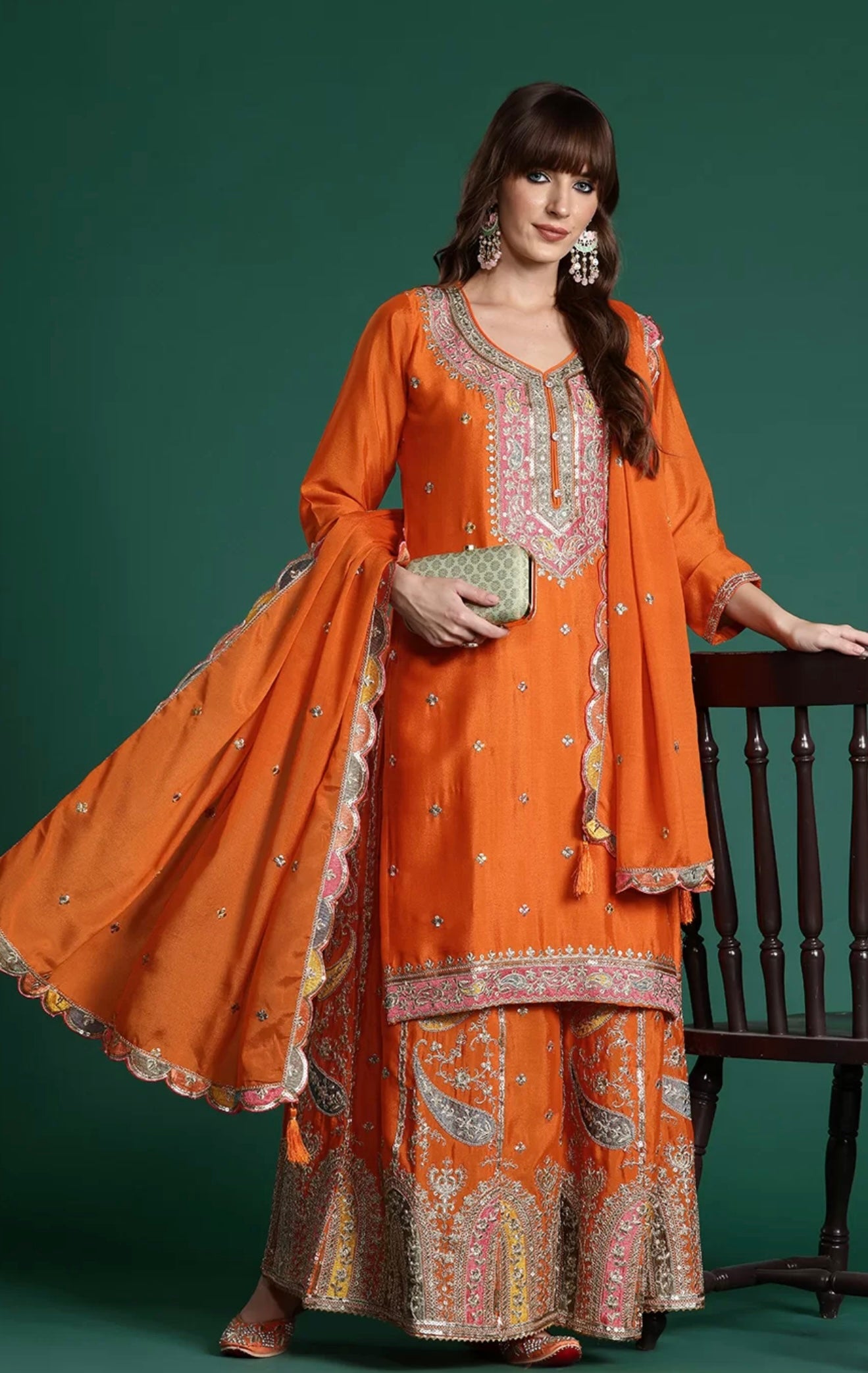 Orange Embroidered Sharara Suit