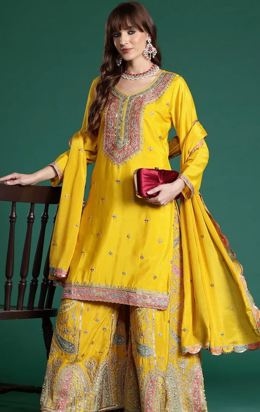 Mustard Yellow Embroidered Sharara Suit