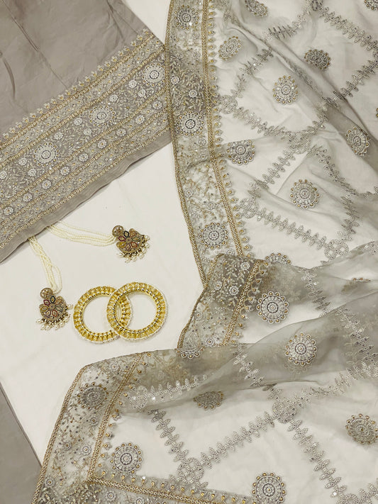 Pastel Charm Grey Embroidered Suit