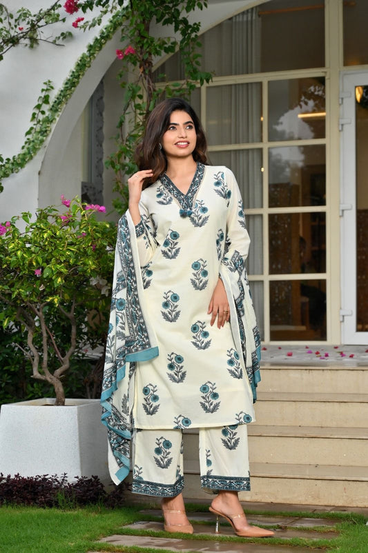 Noor-E-Ivory Handblock Kurta Set