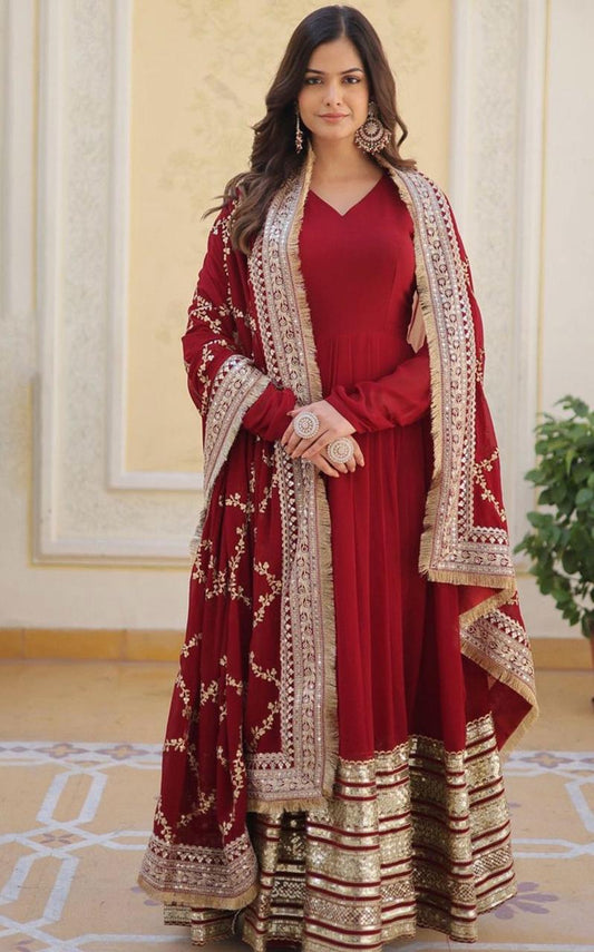 Elegant Maroon Anarkali Suit with Golden Embellishments