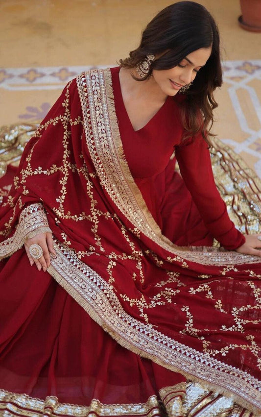 Elegant Maroon Anarkali Suit with Golden Embellishments
