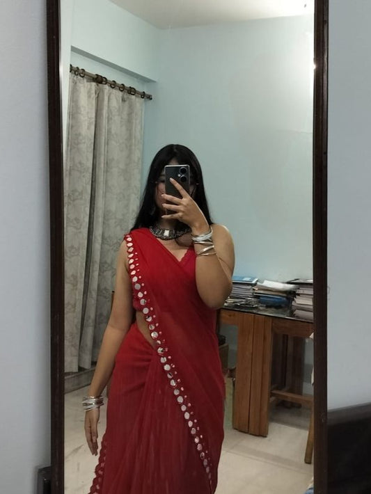 Red Georgette Mirror Work Saree
